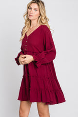 Burgundy Button Accent Long Sleeve Tiered Dress