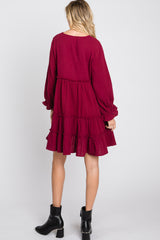 Burgundy Button Accent Long Sleeve Tiered Dress