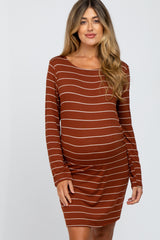 Rust Basic Striped Maternity Dress