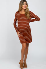 Rust Basic Striped Maternity Dress