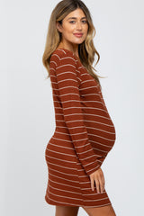 Rust Basic Striped Maternity Dress