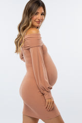 Peach Ribbed Off Shoulder Puff Sleeve Maternity Dress