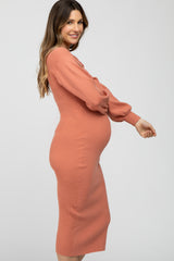 Mauve Ribbed Wrap Front Maternity Midi Dress