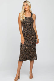 Black Animal Print Square Neck Fitted Midi Dress