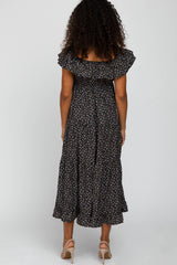 Black Floral Knot Front Ruffle Tiered Maxi Dress