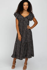 Black Floral Knot Front Ruffle Tiered Maxi Dress