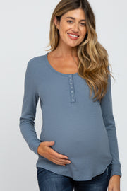 Blue Waffle Knit Front Snap Button Maternity Top