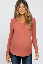 Rust Waffle Knit Front Snap Button Maternity Top