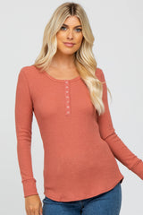 Rust Waffle Knit Front Snap Button Maternity Top