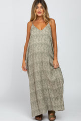 Olive Printed Sleeveless Maternity Maxi Dress