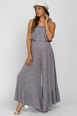 Grey Floral Sleeveless Wide Leg Maternity Jumpsuit