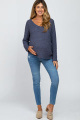 Navy Blue V-Neck Side Slit Thick Knit Maternity Sweater