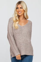 Mocha V-Neck Side Slit Thick Knit Sweater