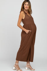 Brown Textured Knit Bow Accent Maternity Jumpsuit