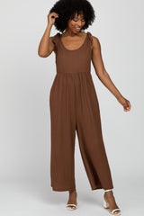 Brown Textured Knit Bow Accent Jumpsuit