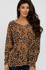 Camel Leopard Print Knit Long Sleeve Top