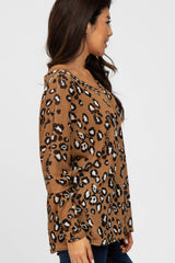 Camel Leopard Print Knit Long Sleeve Top