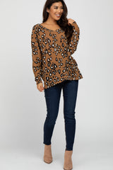 Camel Leopard Print Knit Long Sleeve Top