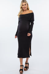 Black Ribbed Foldover Off Shoulder Fitted Maternity Midi Dress