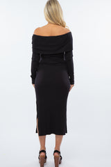 Black Ribbed Foldover Off Shoulder Fitted Maternity Midi Dress