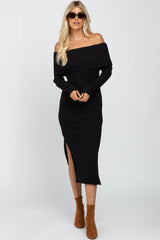 Black Ribbed Foldover Off Shoulder Fitted Midi Dress