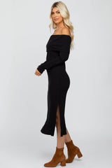 Black Ribbed Foldover Off Shoulder Fitted Midi Dress