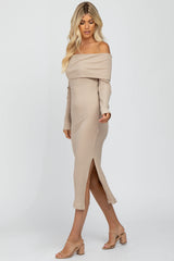 Taupe Ribbed Foldover Off Shoulder Fitted Midi Dress