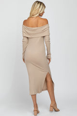 Taupe Ribbed Foldover Off Shoulder Fitted Midi Dress