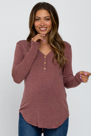 Burgundy Soft Button Front Round Hem Maternity Top