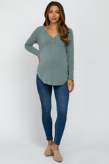 Light Olive Soft Button Front Round Hem Maternity Top