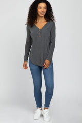 Charcoal Soft Button Front Round Hem Top