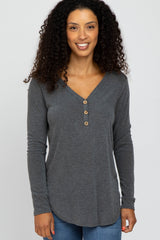 Charcoal Soft Button Front Round Hem Maternity Top