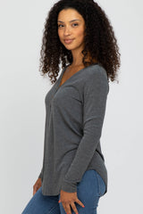 Charcoal Soft Button Front Round Hem Top