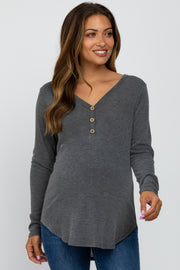 Charcoal Soft Button Front Round Hem Maternity Top