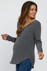 Charcoal Soft Button Front Round Hem Maternity Top