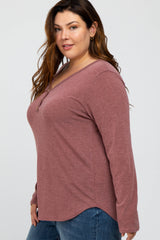 Burgundy Soft Button Front Round Hem Plus Top