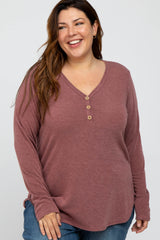 Burgundy Soft Button Front Round Hem Plus Top