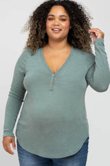 Light Olive Soft Button Front Round Hem Maternity Plus Top