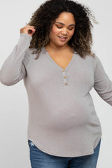 Taupe Soft Button Front Round Hem Maternity Plus Top