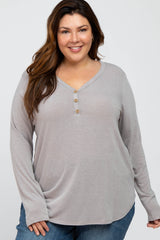 Taupe Soft Button Front Round Hem Maternity Plus Top