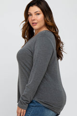 Charcoal Soft Button Front Round Hem Plus Top