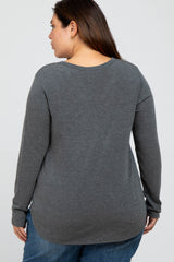 Charcoal Soft Button Front Round Hem Plus Top