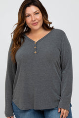 Charcoal Soft Button Front Round Hem Plus Top