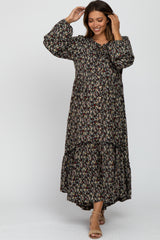 Black Floral Button Front Maternity Maxi Dress