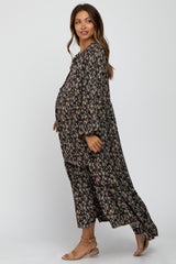 Black Floral Button Front Maternity Maxi Dress