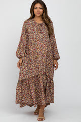 Mocha Floral Button Front Maternity Maxi Dress