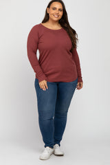 Rust Ribbed Knit Long Sleeve Plus Top