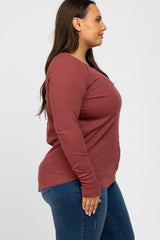 Rust Ribbed Knit Long Sleeve Plus Top