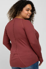 Rust Ribbed Knit Long Sleeve Plus Maternity Top