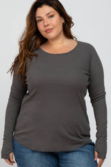 Charcoal Ribbed Knit Long Sleeve Plus Maternity Top